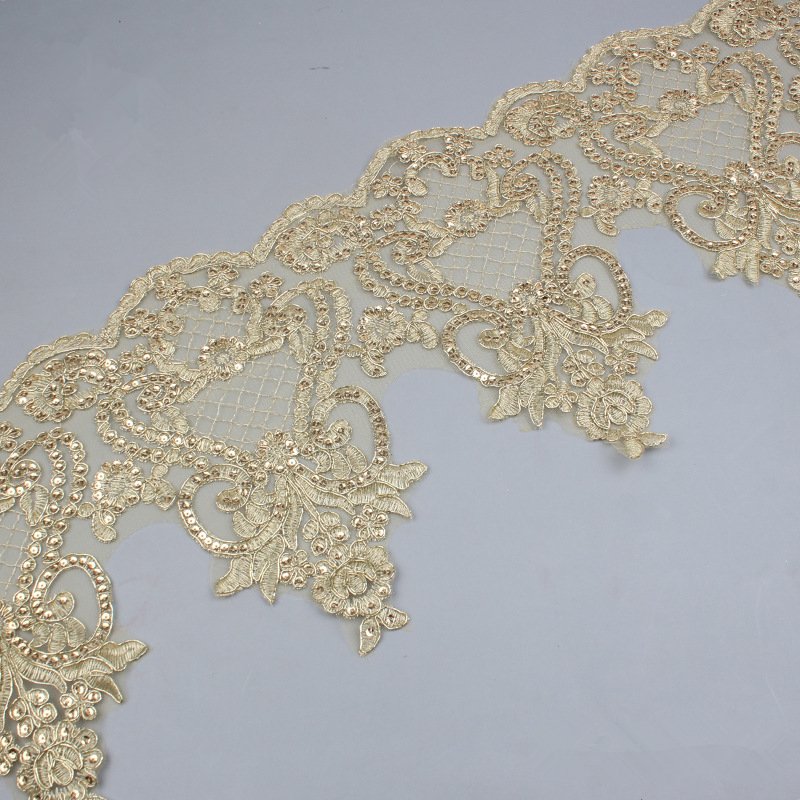 25.5 cm Embroidery White and Gold Sequin Embroidery Cord Bridal Lace Trim