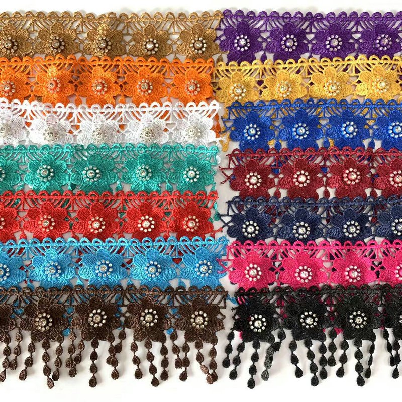 hot sale rhinestone decorative3D floral Polyester embroidery lace garment lace trimming