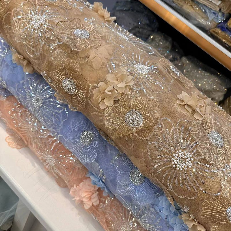 2024 New Design France Lace Fabric Bead Sequin Pearl 3D Flower Embroidery Fabric Party Dress Lace