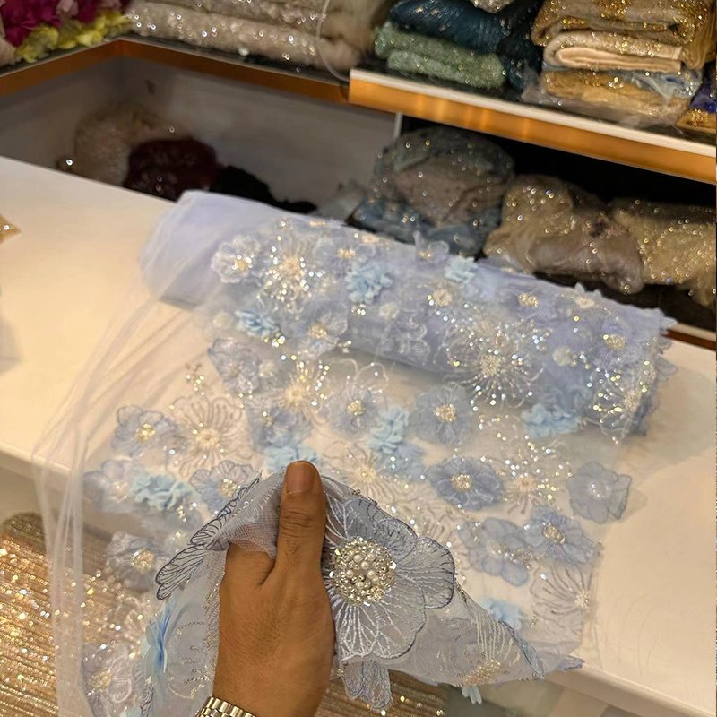 2024 New Design France Lace Fabric Bead Sequin Pearl 3D Flower Embroidery Fabric Party Dress Lace