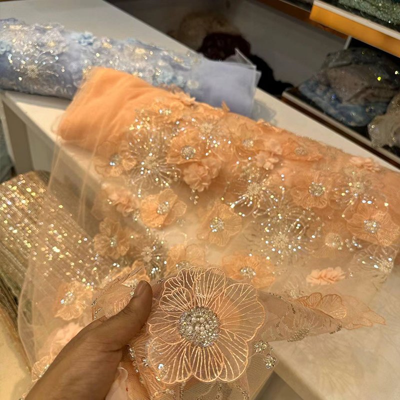 2024 New Design France Lace Fabric Bead Sequin Pearl 3D Flower Embroidery Fabric Party Dress Lace