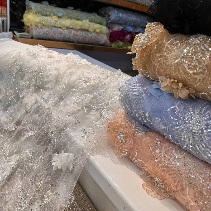 2024 New Design France Lace Fabric Bead Sequin Pearl 3D Flower Embroidery Fabric Party Dress Lace