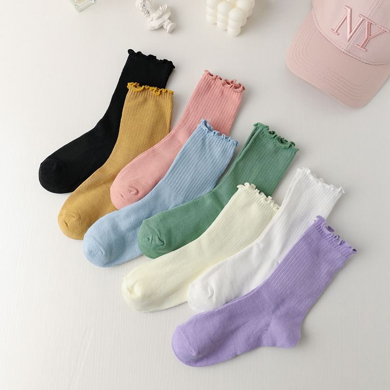 Solid color slouch bobby socks women girl frill ruffle cotton women ribbed socks