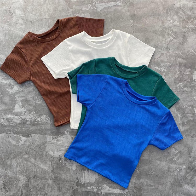summer short tops for women ribbed cotton t shirt blank crew neck knit crop top inventory