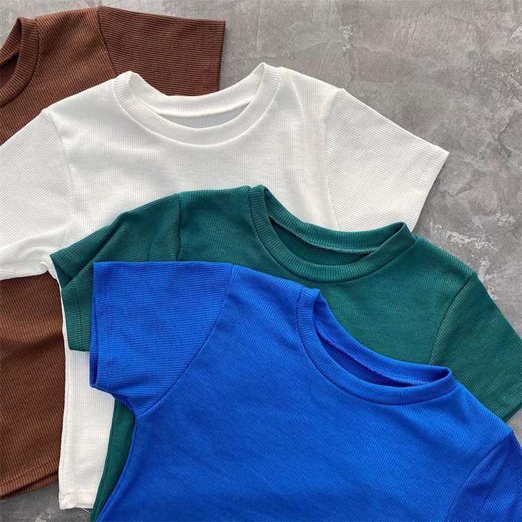 summer short tops for women ribbed cotton t shirt blank crew neck knit crop top inventory
