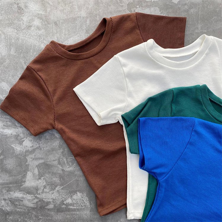 summer short tops for women ribbed cotton t shirt blank crew neck knit crop top inventory