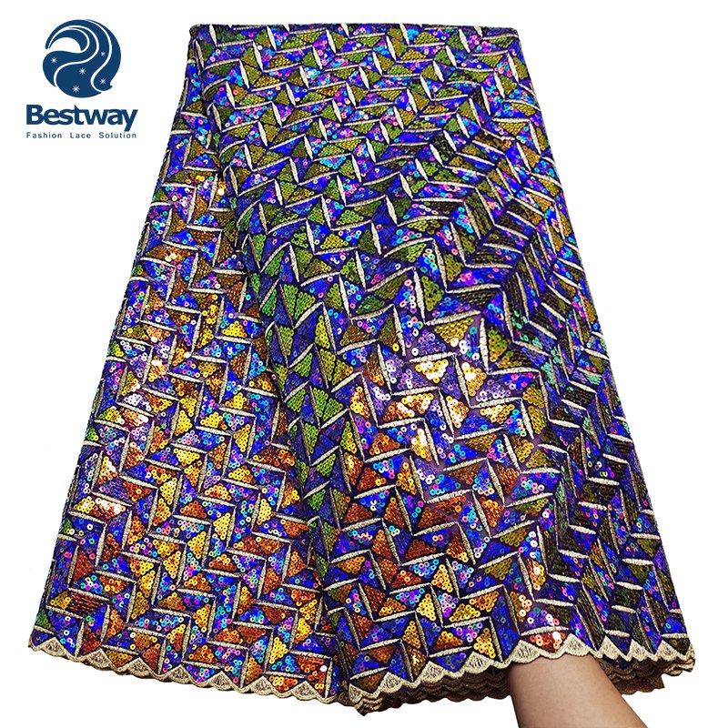 Bestway African Wedding Party Teal Green Garment Sequins Embroidery Net Lace Fabric