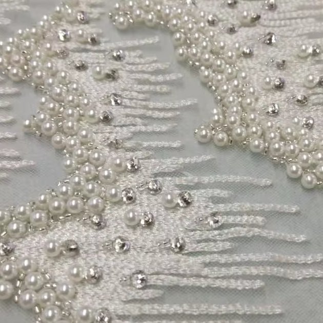 Best Price 100% Polyester Luxury Beaded Fabric with Zircon Handmade Indian Supplier Garments Making Woven and Mesh Pattern
