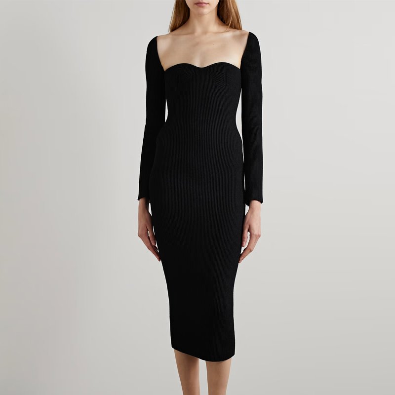 Knitwear manufacturer custom autumn winter black square collar long sleeved ribbed knitted women's sweater dress