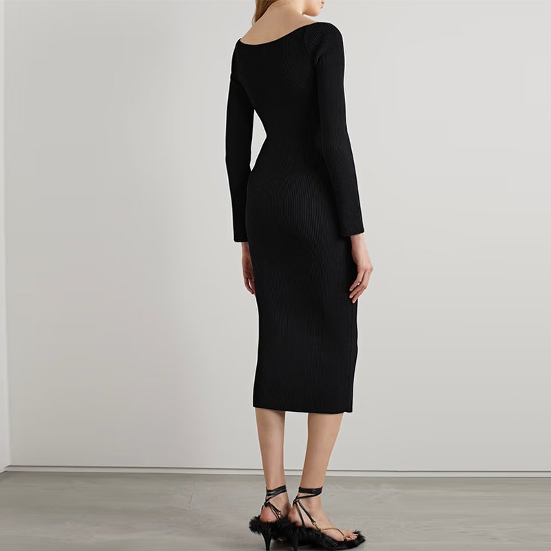 Knitwear manufacturer custom autumn winter black square collar long sleeved ribbed knitted women's sweater dress