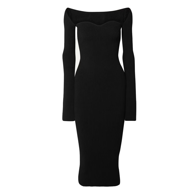 Knitwear manufacturer custom autumn winter black square collar long sleeved ribbed knitted women's sweater dress
