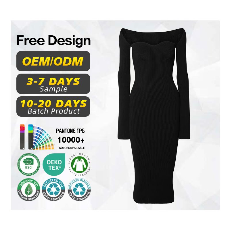Knitwear manufacturer custom autumn winter black square collar long sleeved ribbed knitted women's sweater dress