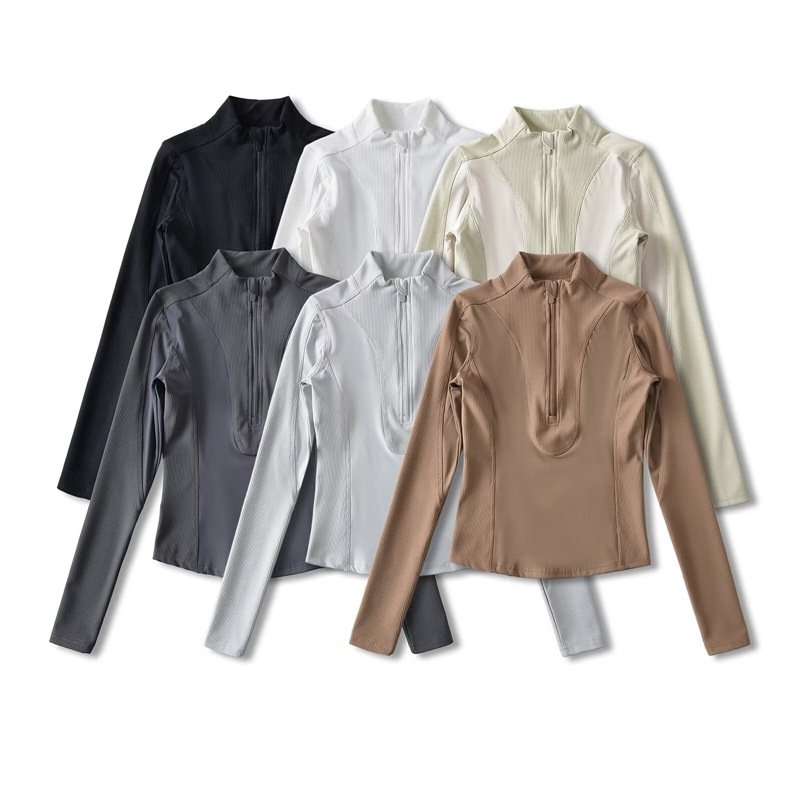 Luluxixiyaya Stand Neck Half Zip Up Sexy Contrast Nylon Jersey Body Rib Long Sleeve Body Fit Y2K Tops Tee Shirt