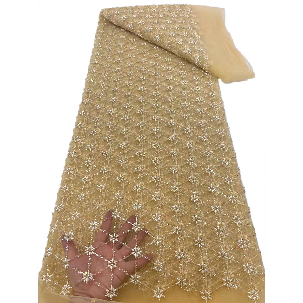 NI.AI Luxury Triangle Embroidery Sequins Lace Bridal Beaded Fabric Sequin Six slices Pearls Wedding Lace Fabric