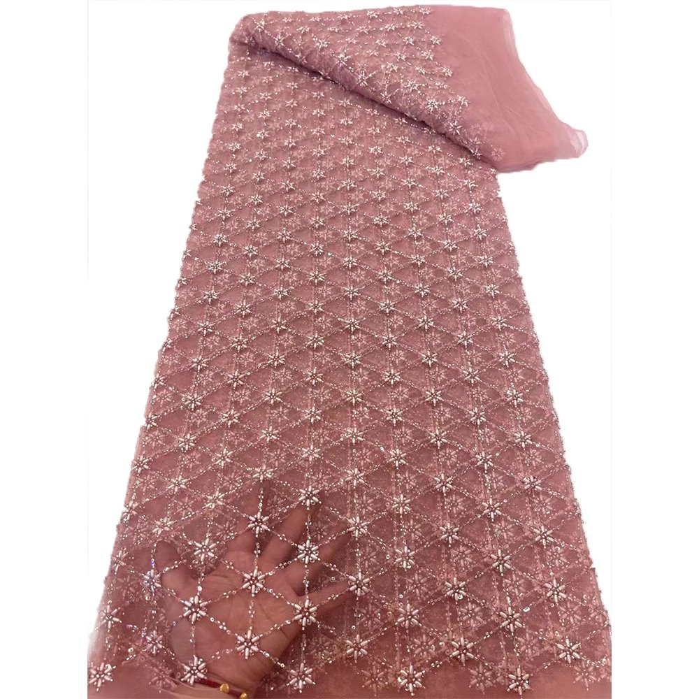 NI.AI Luxury Triangle Embroidery Sequins Lace Bridal Beaded Fabric Sequin Six slices Pearls Wedding Lace Fabric