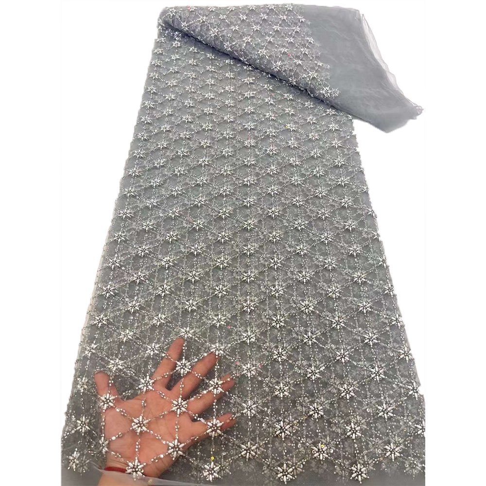 NI.AI Luxury Triangle Embroidery Sequins Lace Bridal Beaded Fabric Sequin Six slices Pearls Wedding Lace Fabric