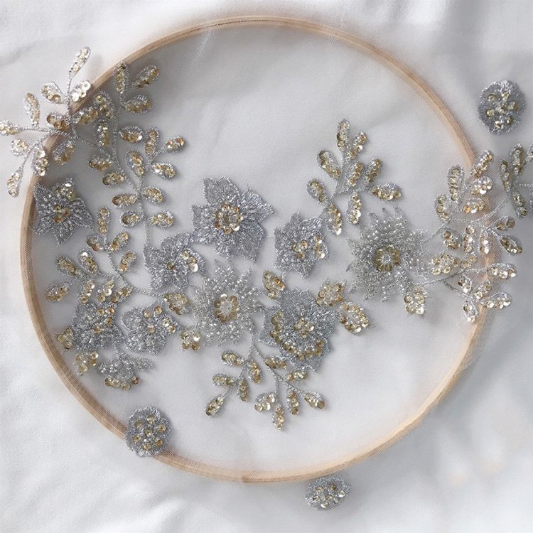Fancy beaded lace fabric embroidery 3d flower fabric for haute couture