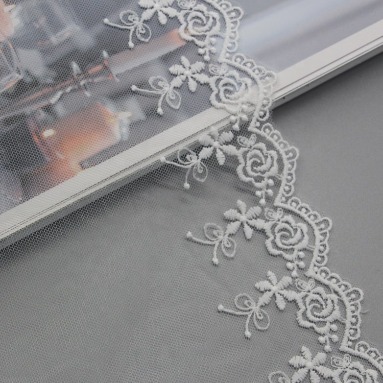 French lace logo fabric Multi-Purpose Polyester swarovski swiss Lace Embroidery Trim white lace fabric for wedding dress