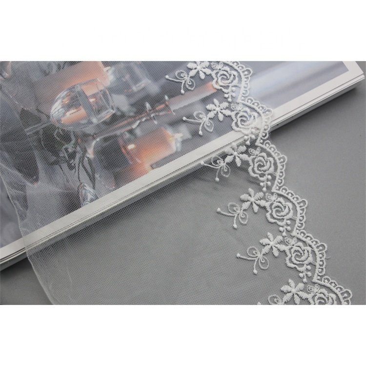 French lace logo fabric Multi-Purpose Polyester swarovski swiss Lace Embroidery Trim white lace fabric for wedding dress
