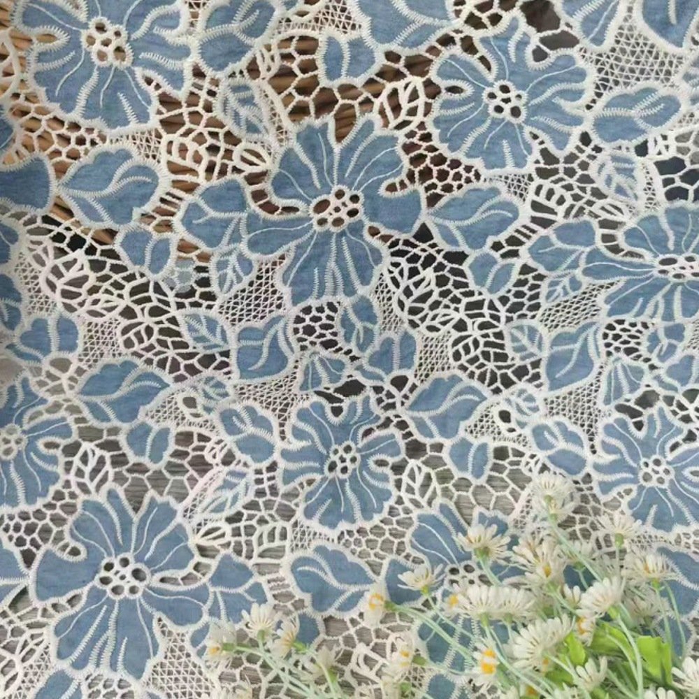 EG-1917031-2 Cotton Denim Embroidery Fabric Embroidered Fabric Punched Embroidery Factory Direct Sales In Stock Supply