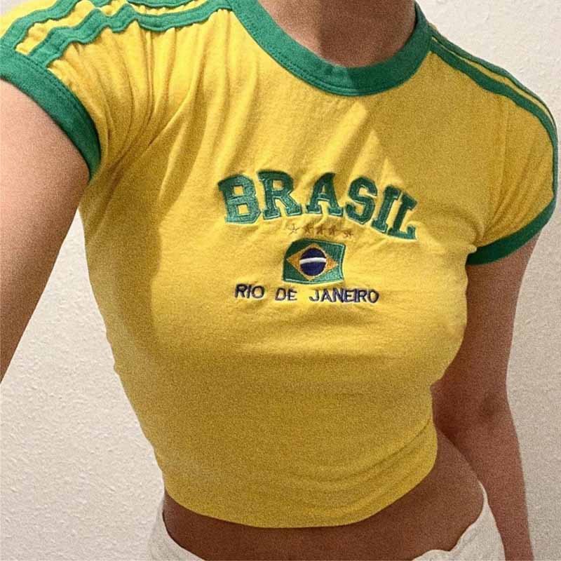 Screen Print Raglan Cotton Baby Tee Color Block Tight Rib Knit Cropped Custom Slim crop top femme brazil T Shirt For Women