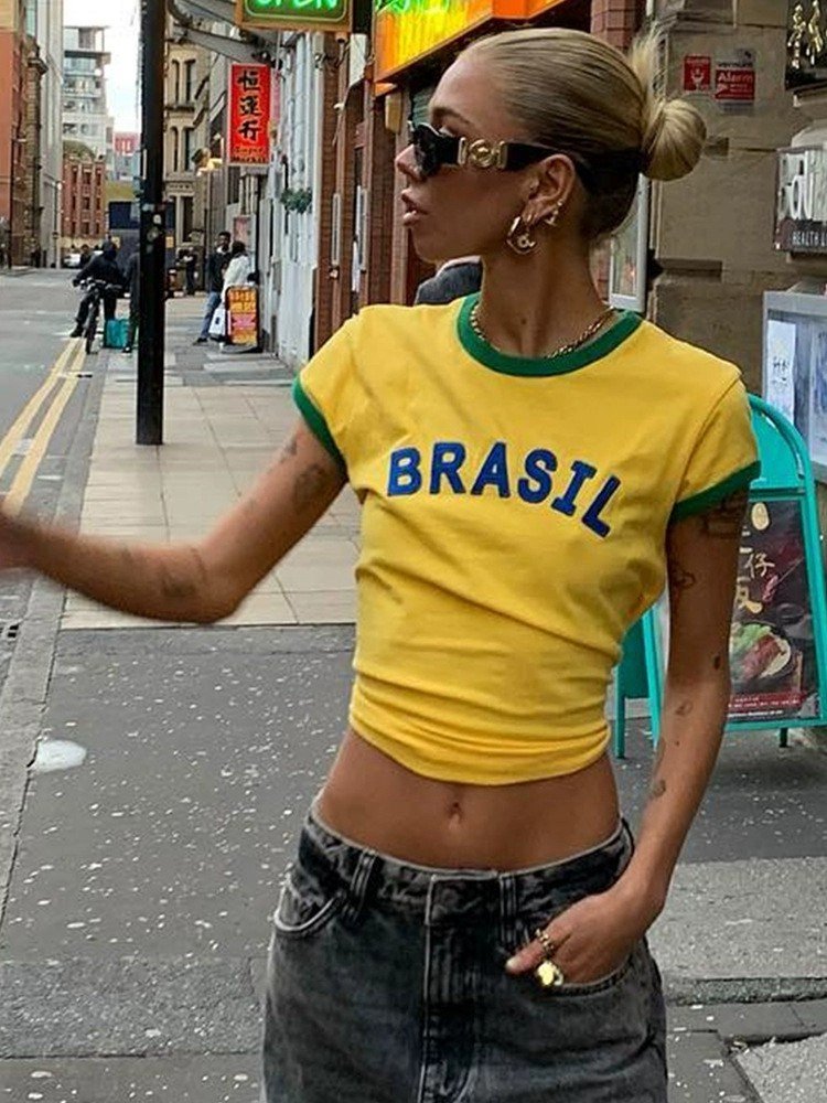 Screen Print Raglan Cotton Baby Tee Color Block Tight Rib Knit Cropped Custom Slim crop top femme brazil T Shirt For Women