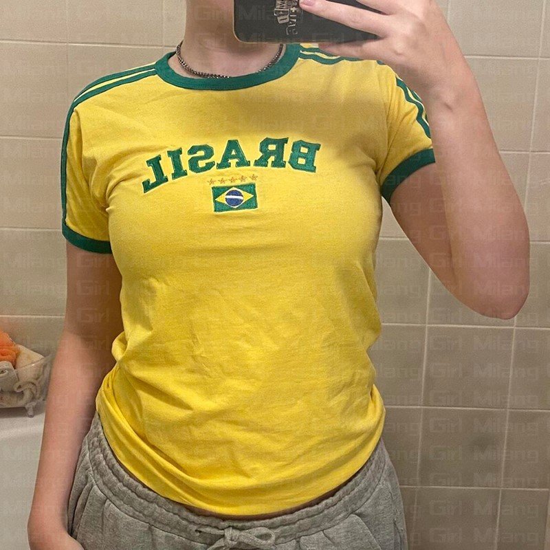 Screen Print Raglan Cotton Baby Tee Color Block Tight Rib Knit Cropped Custom Slim crop top femme brazil T Shirt For Women