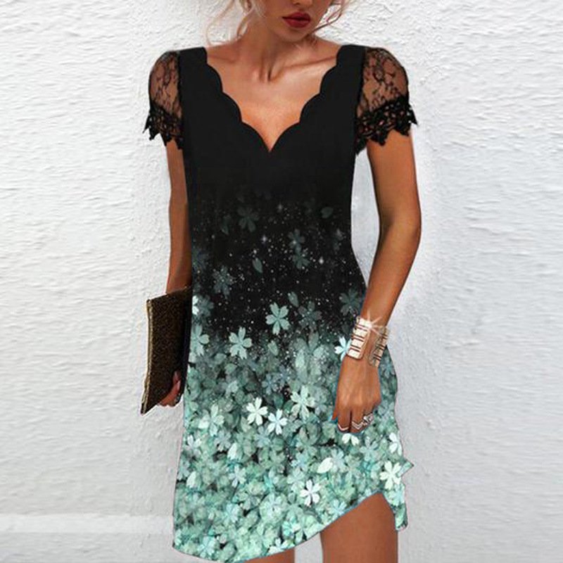 Formal wavy V-neck Lace Short-Sleeved Dress for Adults Position-Print Abaya Style