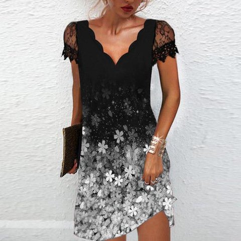 Formal wavy V-neck Lace Short-Sleeved Dress for Adults Position-Print Abaya Style