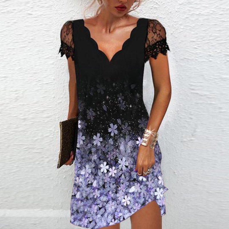 Formal wavy V-neck Lace Short-Sleeved Dress for Adults Position-Print Abaya Style