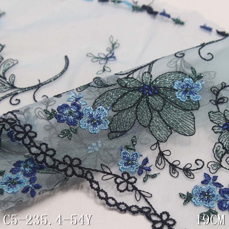 Width 23 cm Polyester sequins blue silky Flower embroidery lace For Dress underwear hem curtain