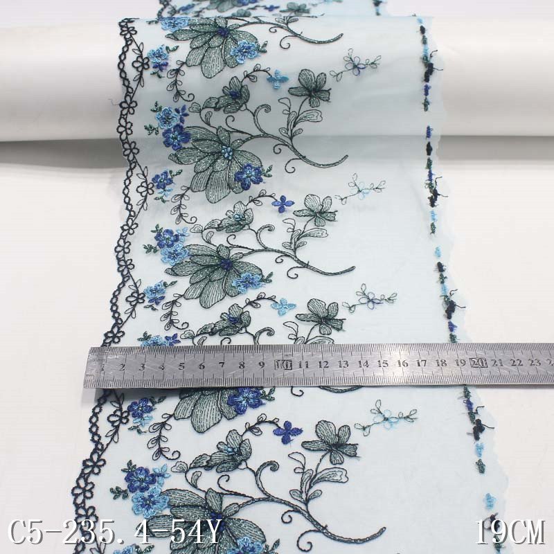 Width 23 cm Polyester sequins blue silky Flower embroidery lace For Dress underwear hem curtain