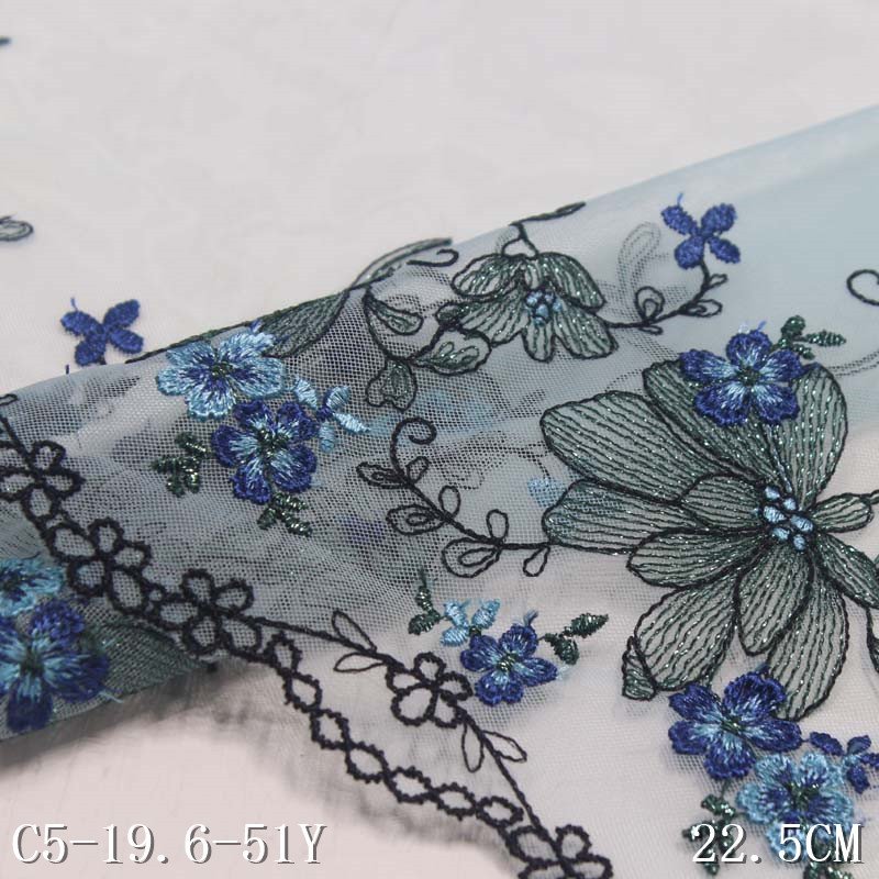 Width 23 cm Polyester sequins blue silky Flower embroidery lace For Dress underwear hem curtain