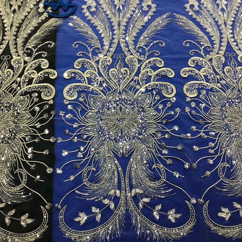 Wholesale Textile White Heavy Wedding Dress High-quality Luxury Bead Weeding Sequin Embroidery Lace Fabric With Beaded