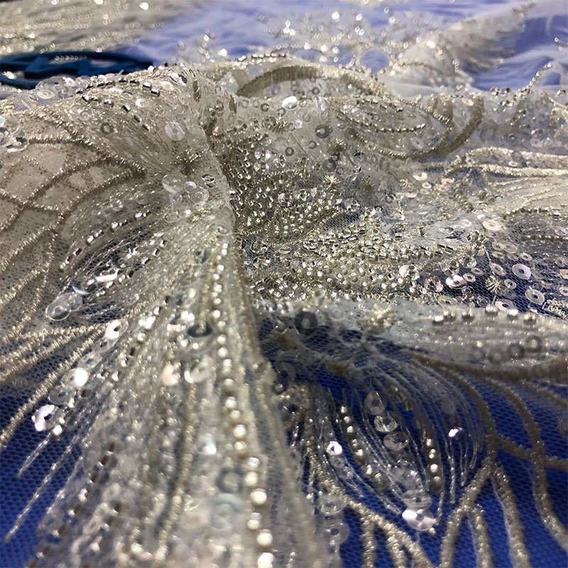Wholesale Textile White Heavy Wedding Dress High-quality Luxury Bead Weeding Sequin Embroidery Lace Fabric With Beaded