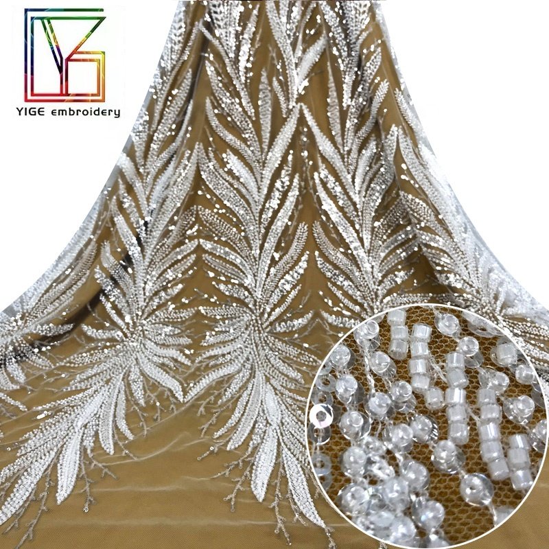 New Design Luxury white french shining 3d beaded Embroidery bridal lace with crystal sequins lace dress fabric
