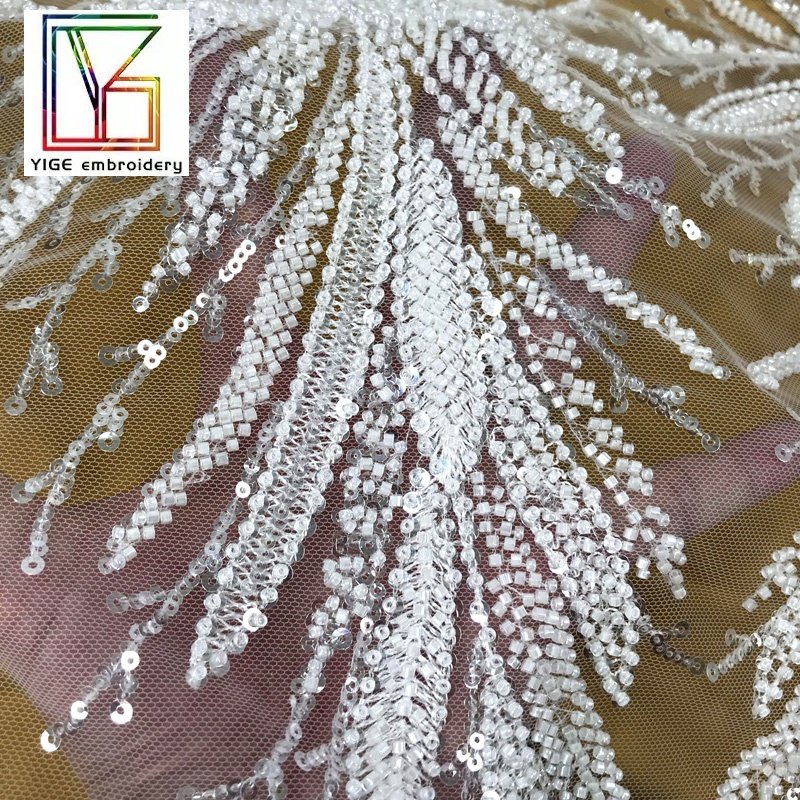 New Design Luxury white french shining 3d beaded Embroidery bridal lace with crystal sequins lace dress fabric