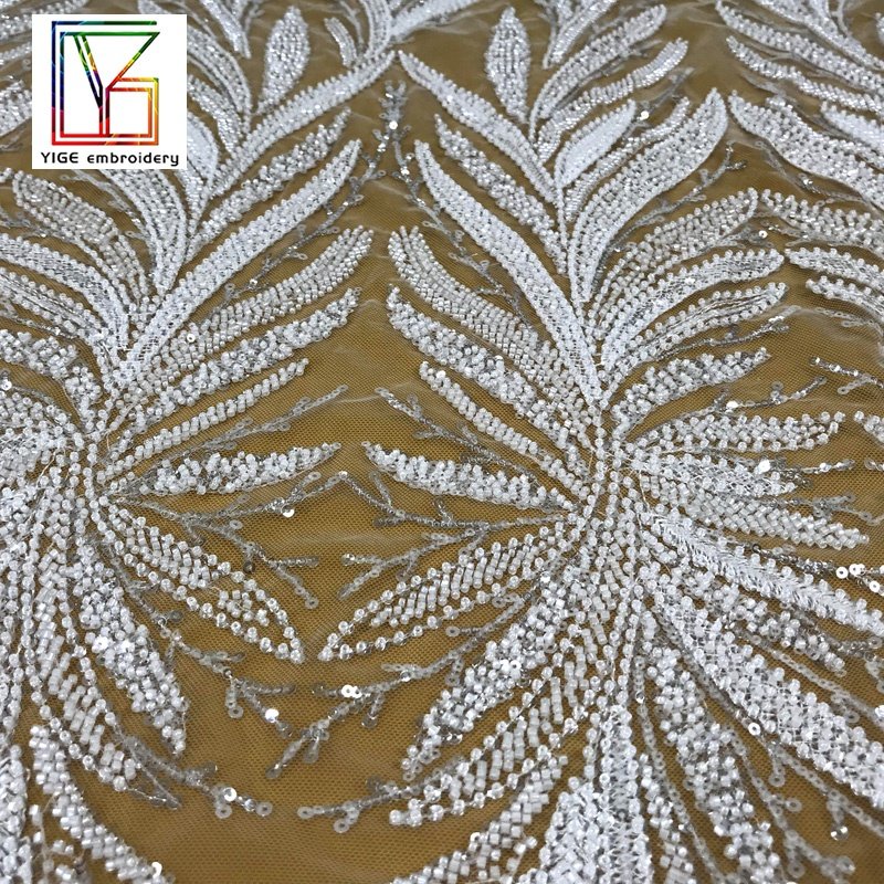 New Design Luxury white french shining 3d beaded Embroidery bridal lace with crystal sequins lace dress fabric