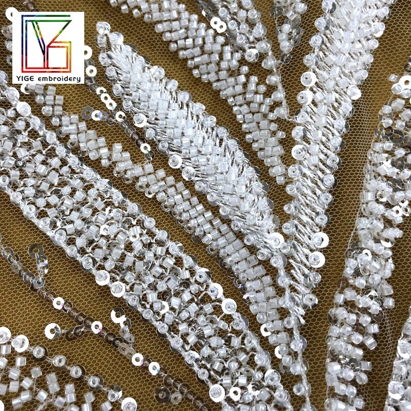 New Design Luxury white french shining 3d beaded Embroidery bridal lace with crystal sequins lace dress fabric
