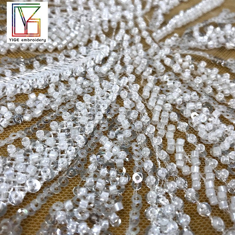 New Design Luxury white french shining 3d beaded Embroidery bridal lace with crystal sequins lace dress fabric