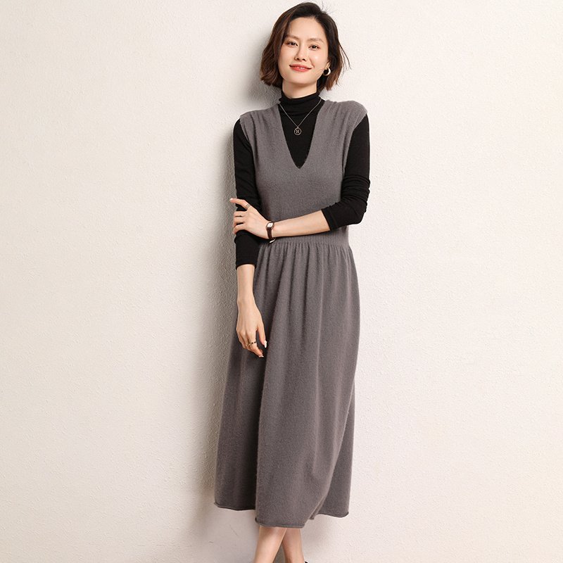 High quality fashion design women knit long skirts mongolian cashmere slip dress rib cashmere knitted dress for women