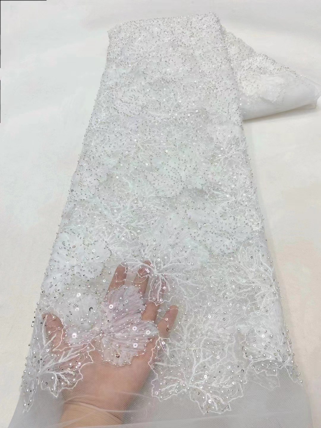 NI.AI Luxury Hand Beaded Lace Fabric 3D pink color leaves design sequin embroidery fabrics Tela de encaje pearl lace fabric C99
