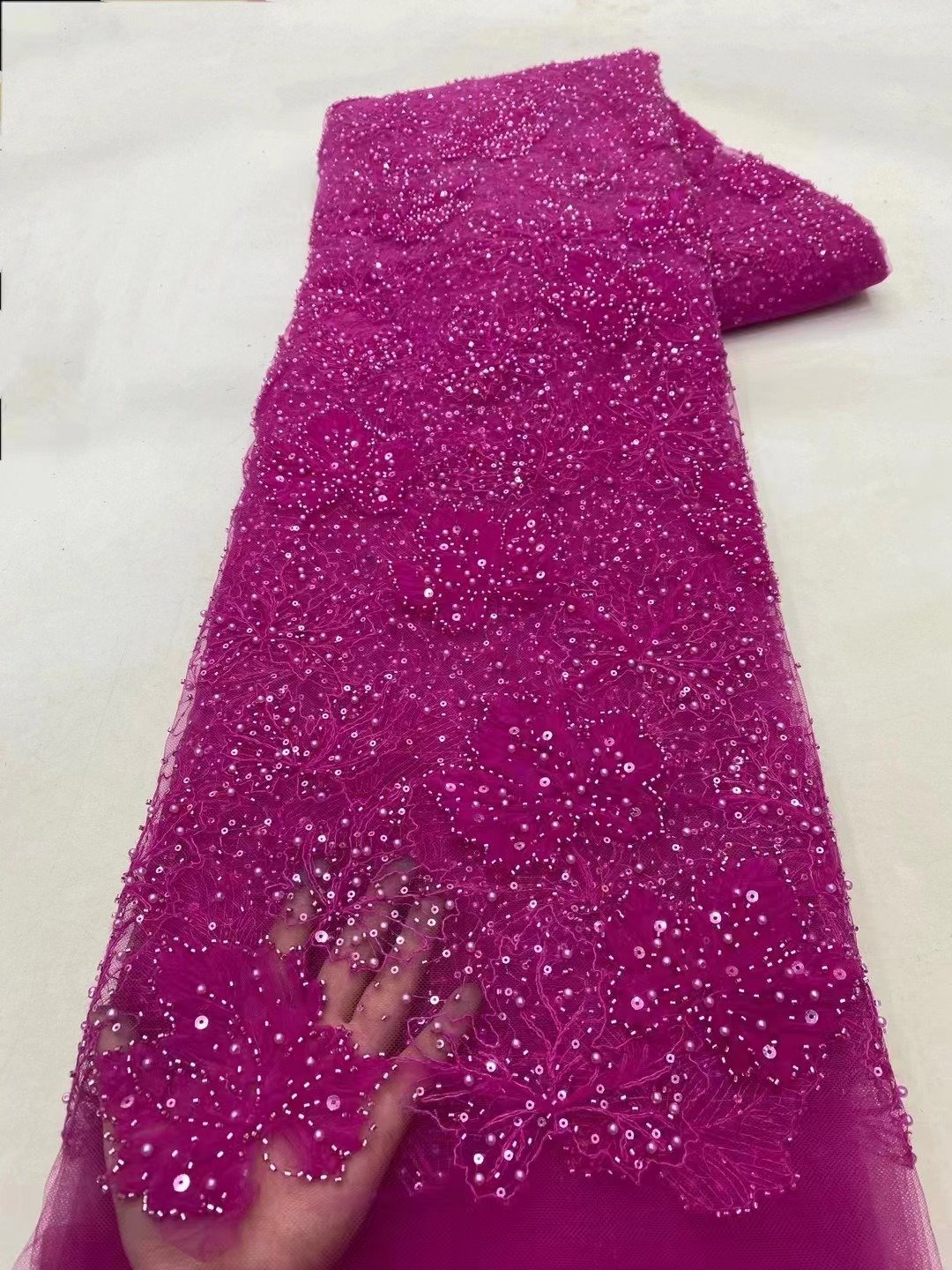 NI.AI Luxury Hand Beaded Lace Fabric 3D pink color leaves design sequin embroidery fabrics Tela de encaje pearl lace fabric C99