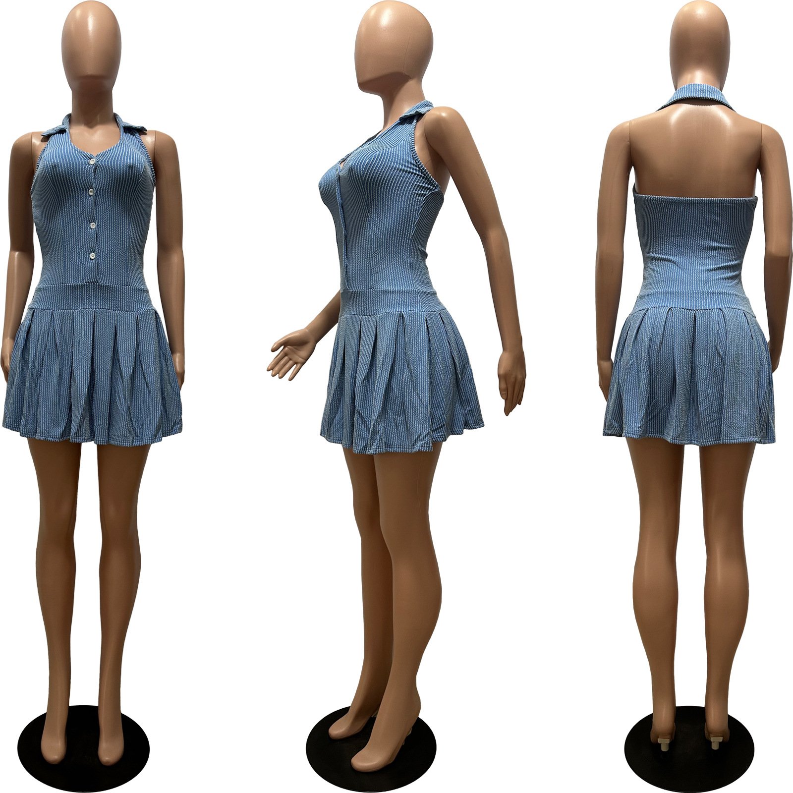 2024 Hot Sale Ribbed Sleeveless Halter Dress Turndown Collar Tight Waist Dress Solid Color Pleated Mini Dresses