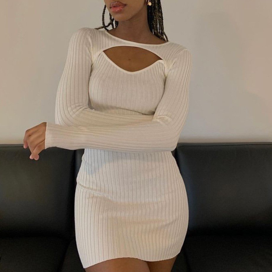 clothes women undefined Casual dress Fall/Winter 2023 women's hollowed out knitted dress elastic ribbed hip dress