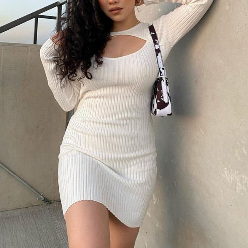 clothes women undefined Casual dress Fall/Winter 2023 women's hollowed out knitted dress elastic ribbed hip dress