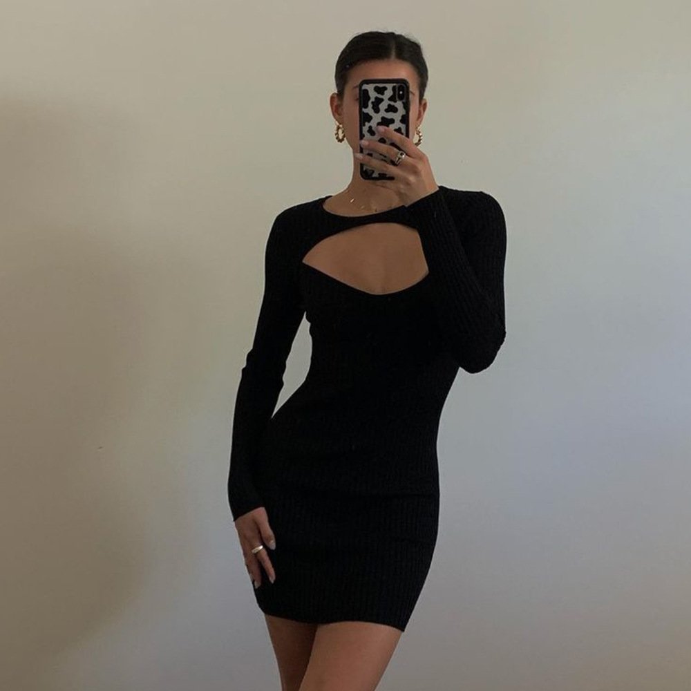 clothes women undefined Casual dress Fall/Winter 2023 women's hollowed out knitted dress elastic ribbed hip dress