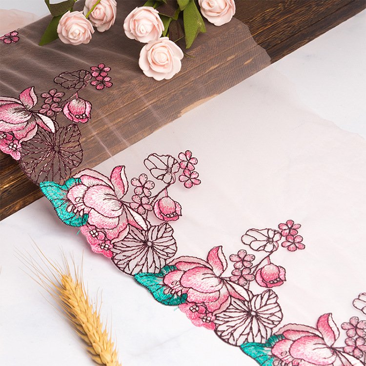 Nude Tulle Colorful Flower Embroidery Lace Trim Voile Lace Fabric For Women Bra