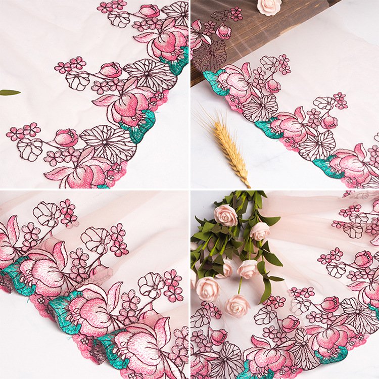 Nude Tulle Colorful Flower Embroidery Lace Trim Voile Lace Fabric For Women Bra