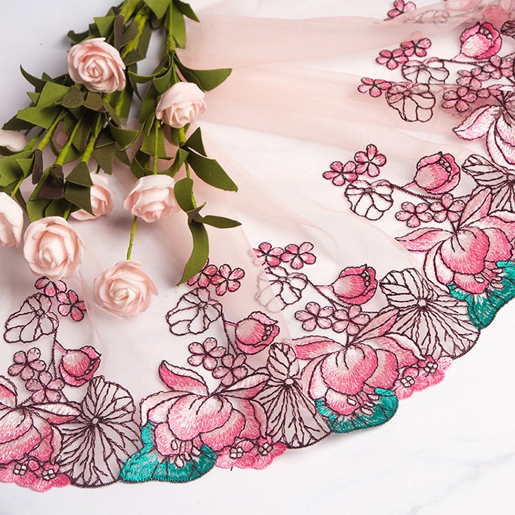 Nude Tulle Colorful Flower Embroidery Lace Trim Voile Lace Fabric For Women Bra